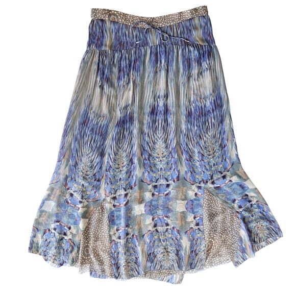 Of Two Minds Silk Flowy Boho Maxi Skirt Medium Blue Brown Chiffon - Picture 7 of 8
